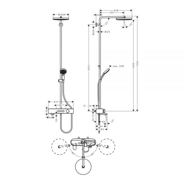 Душевая система Pulsify S Showerpipe 260 1jet с термостатом  для ванны ShowerTablet 400, 24230000